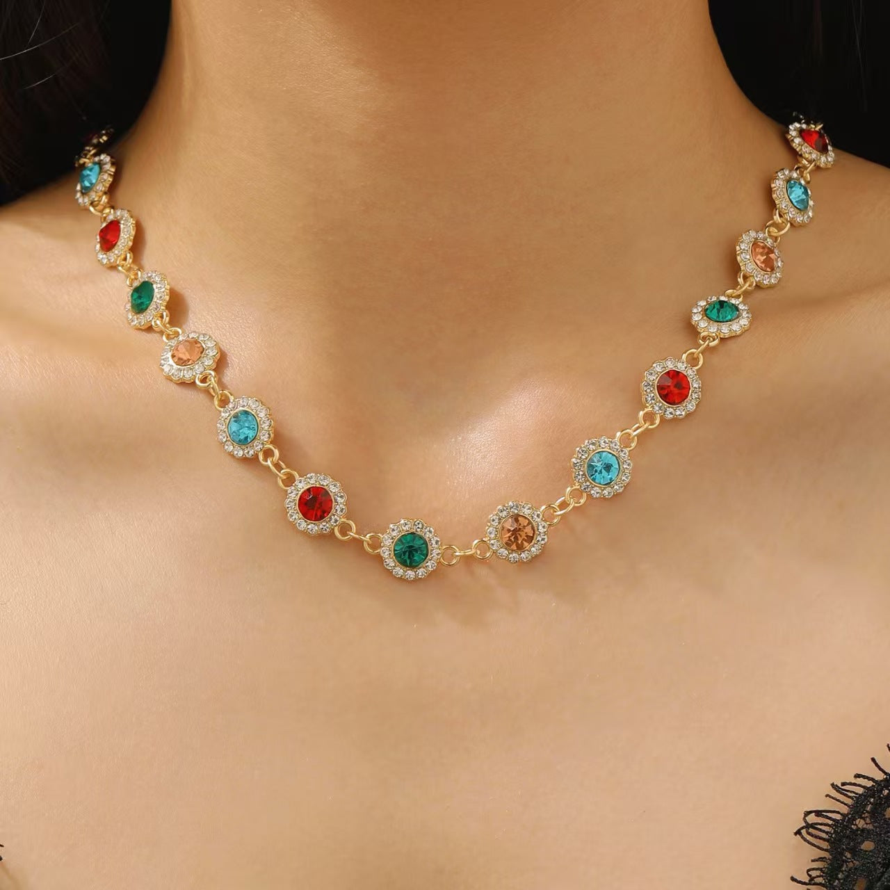 Wholesale French retro color dopamine diamond sunflower necklace